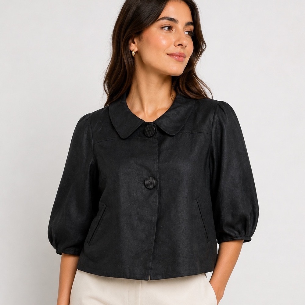 Peter Martin Womens Black 100% Linen Blazer Geometric  Size 10 Print Lining NWT